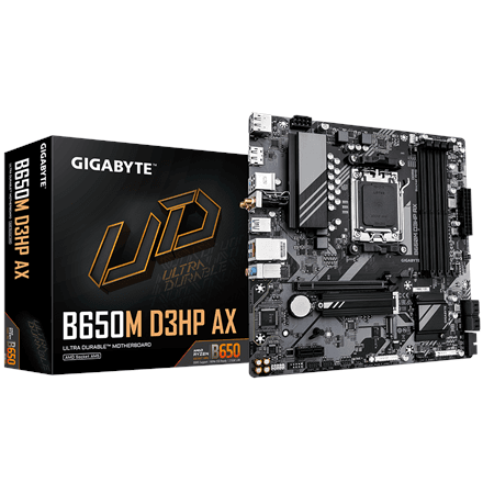 Gigabyte | B650M D3HP AX 1.0 M/B | Processor family AMD | Processor socket AM5 | DDR5 | Supported hard disk drive interfaces SATA, M.2 | Number of SATA connectors 4