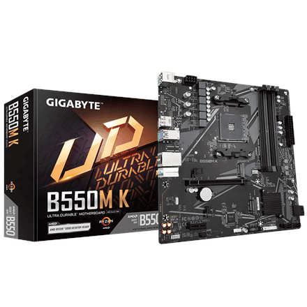 Gigabyte | B550M K 1.0 M/B | Processor family AMD | Processor socket AM4 | DDR4 DIMM | Memory slots 4 | Supported hard disk drive interfaces SATA, M.2 | Number of SATA connectors 4 | Chipset AMD B550 | Micro ATX