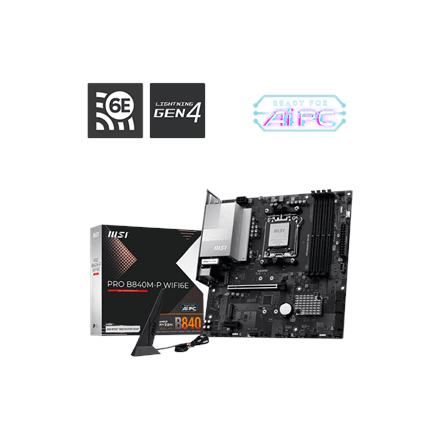 MSI PRO B840M-P WIFI6E | Processor family AMD | Processor socket AM5 | DDR5 | Supported hard disk drive interfaces SATA, M.2 | Number of SATA connectors 4 | REFURBISHED WITHOUT ORIGINAL PACKAGING AND ACCESSORIES, BACK...