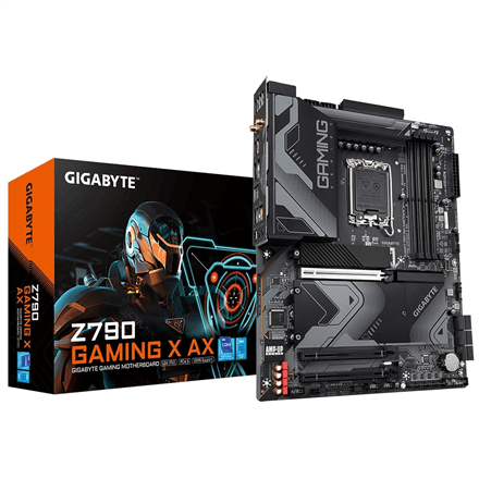 Gigabyte | Z790 GAMING X AX 1.0 M/B | Processor family Intel | Processor socket LGA1700 | DDR5 DIMM | Memory slots 4 | Supported hard disk drive interfaces SATA, M.2 | Number of SATA connectors 6 | Chipset Z790 Expres...