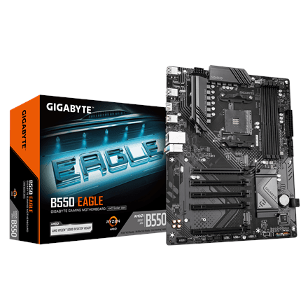 Gigabyte B550 EAGLE | Processor family AMD | Processor socket AM4 | DDR4 | Supported hard disk drive interfaces SATA, M.2 | Number of SATA connectors 4