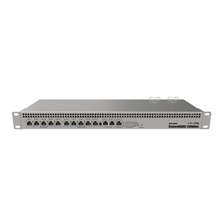 Mikrotik Wired Ethernet Router RB1100AHx4 Dude Edition, 1U Rackmount, Quad core 1.4GHz CPU, 1 GB RAM, 128 MB, 60GB M.2 SSD included, 13xGigabit LAN, 1xSerial console port RS232, 2x SATA3 ports, 2xM.2 slots, PCB Temper...