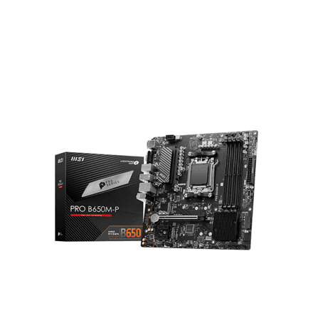 MSI | PRO B650M-P | Processor family AMD | Processor socket AM5 | DDR5 | Memory slots 4 | Supported hard disk drive interfaces SATA, M.2 | Number of SATA connectors 4 | Chipset AMD B650 | mATX