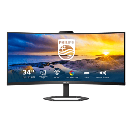 Philips | Monitor with Windows Hello Webcam | 34E1C5600HE/00 | 34 " | VA | 21:9 | 100 Hz | 4 ms | 3440 x 1440 pixels | 300 cd/m² | HDMI ports quantity 1 | Black | Warranty 36 month(s)