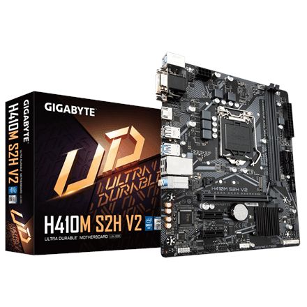 Gigabyte | H410M S2H V2 1.0 M/B | Processor family Intel | Processor socket LGA1200 | DDR4 DIMM | Memory slots 2 | Supported hard disk drive interfaces SATA, M.2 | Number of SATA connectors 4 | Chipset Intel H | Micro...