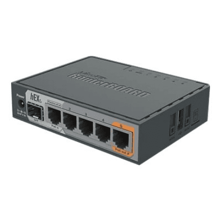Mikrotik Wired Ethernet Router RB760iGS, hEX S, Dual Core 880MHz CPU, 256MB RAM, 16 MB (MicroSD), 5xGigabit LAN, 1xSFP, USB, IPsec hardware encryption support and The Dude server package, PCB temperature and Voltage M...