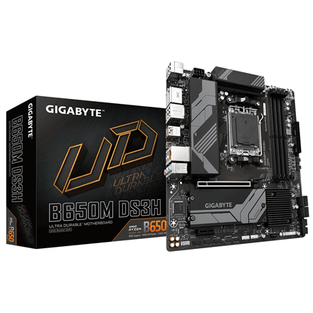 Gigabyte | B650M DS3H 1.0 M/B | Processor family AMD | Processor socket AM5 | DDR5 DIMM | Memory slots 4 | Supported hard disk drive interfaces SATA, M.2 | Number of SATA connectors 4 | Chipset B650 | Micro ATX
