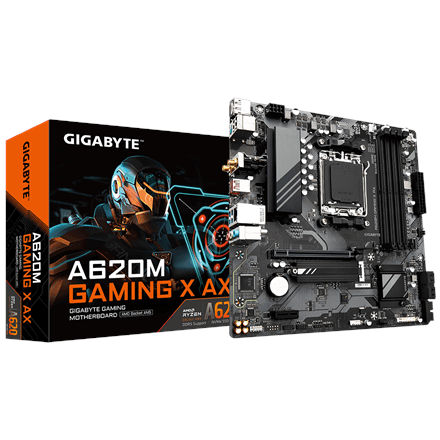Gigabyte | A620M GAMING X AX 1.0 M/B | Processor family AMD | Processor socket AM5 | DDR5 DIMM | Memory slots 4 | Supported hard disk drive interfaces SATA, M.2 | Number of SATA connectors 4 | Chipset AMD A620 | Micro...