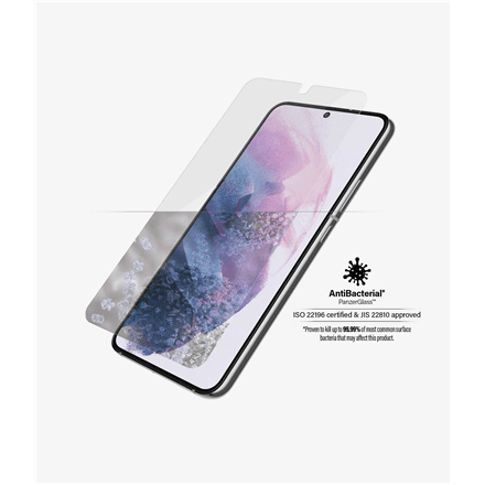 PanzerGlass | Samsung | Galaxy S22 | Tempered glass | Transparent | Case friendly. Compatible with ultrasonic fingerprint sensor. 100 % touch sensitivity. Antibacterial (ISO 22196 certified & JIS 22810 approved) | Scr...