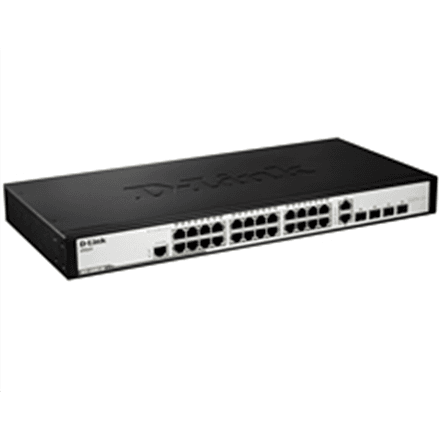 D-LINK DGS-1210-28, Gigabit Smart Switch with 24 10/100/1000Base-T ports and 4 Gigabit MiniGBIC (SFP) ports, 802.3x Flow Control, 802.3ad Link Aggregation, 802.1Q VLAN, 802.1p Priority Queues, Port mirroring, Jumbo Fr...