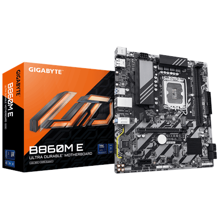 Gigabyte B860M E | Processor family Intel | Processor socket LGA1851 | DDR5 | Supported hard disk drive interfaces SATA, M.2 | Number of SATA connectors 4