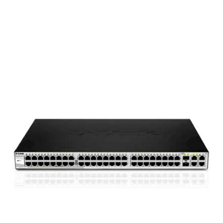 D-LINK DGS-1210-52, Gigabit Smart Switch with 48 10/100/1000Base-T ports and 4 Gigabit MiniGBIC (SFP) ports, 802.3x Flow Control, 802.3ad Link Aggregation, 802.1Q VLAN, 802.1p Priority Queues, Port mirroring, Jumbo Fr...