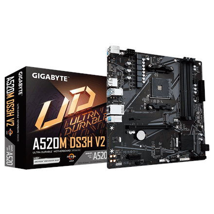 Gigabyte | A520M DS3H V2 | Processor family AMD | Processor socket AM4 | DDR4 DIMM | Memory slots 2 | Supported hard disk drive interfaces SATA, M.2 | Number of SATA connectors 4 | Chipset AMD A520 | Micro ATX