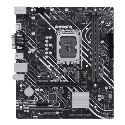 Asus | PRIME H610M-D D4 | Processor family Intel | Processor socket LGA1700 | DDR4 DIMM | Memory slots 2 | Supported hard disk drive interfaces SATA, M.2 | Number of SATA connectors 4 | Chipset Intel H610 | mATX
