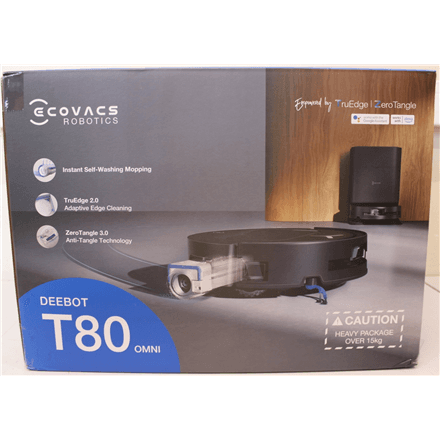 SALE OUT. Ecovacs DEEBOT T80 OMNI Vacuum cleaner, Robot, Wet&Dry, 18000Pa, TruEdge 2.0, ZeroTangle 3.0, Carpet Care, Black + Auto-empty stat · Ecovacs Robotic Vacuum Cleaner · DEEBOT T80 OMNI – nuotrauka 1