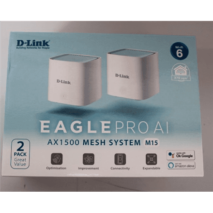 SALE OUT. D-Link M15-2 EAGLE PRO AI AX1500 Mesh System D-Link EAGLE PRO AI AX1500 Mesh System M15-2 (2-pack) 802.11ax 1200+300 Mbit/s 10/100/1000 Mbit/s Ethernet LAN (RJ-45) ports 1 Mesh Support Yes MU-MiMO Yes No mob... – nuotrauka 1
