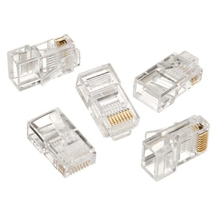 Modular plug 8P8C for solid LAN cable CAT5, UTP, 10 pcs. per bag | Modular 8P8C RJ45 plug, 30u” gold plated, 3-fork internal contacts for use with solid LAN cables – nuotrauka 1