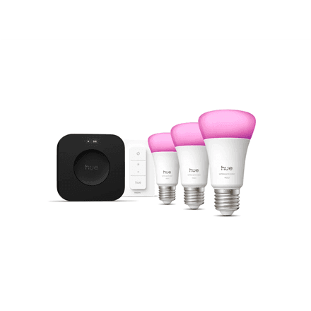 Philips Hue Starter set: 3 smart E27 bulbs, dimmer switch, Hue Bridge Pro · E27 · White and colored light – nuotrauka 1