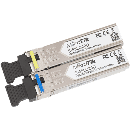 MikroTik Pair of SFP modules S-3553LC20D (S-35LC20D 1.25G SM 20km T1310nm/R1550nm + S-53LC20D 1.25G SM 20km T1550nm/R1310nm) · MikroTik · Maximum transfer distance 20000 m – image 1