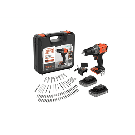 BLACK & DECKER 18V Impact Drill (with 2 x 18V 2.0Ah batteries with charge status indicator, 1A charger and 80 accessories) · BCD383D2XKA-QW · 2.0 Ah – image 1