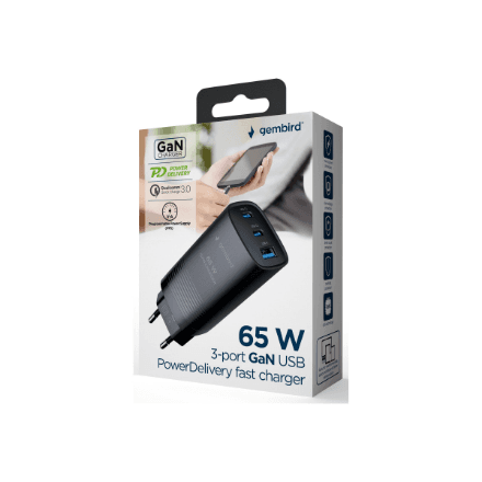 Cablexpert 3-port 65 W GaN USB PowerDelivery fast charger | TA-UC-PDQC65-01-BK – image 1